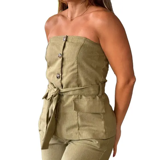 Colete Feminino Linho TQC Tendência Moda Estiloso Sem Manga Com Faixa Botões Frontais