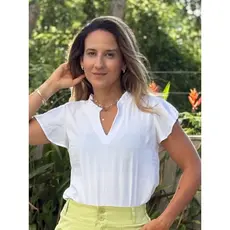 Blusa Feminina com Decote V com Fru-Fru na Gola Manga Curta Solta Básica Lisa Estilo Office Social