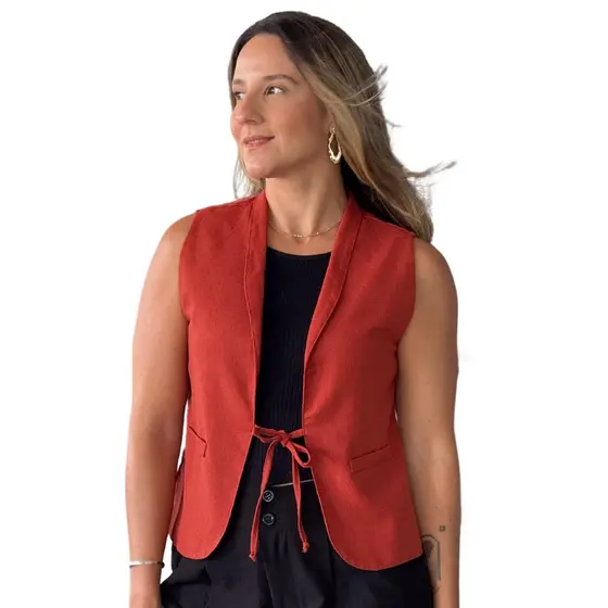 Colete Feminino de Linho de Amarrar Aberto na Frente Tendência Verão Fresco Sem Manga Casual Liso Básico Várias Cores