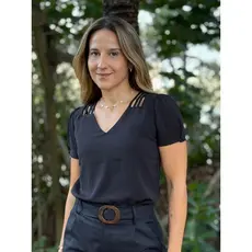 Blusa Feminina 3 Tiras com Botão Manga Curta Estilo Office Trabalho Decote V