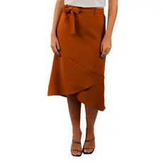 Saia Feminina Com Faixa Linen Transpassada Midi Básica Lisa Tendência Verão Sem Bolso Office