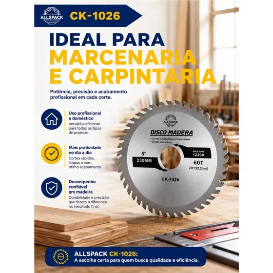 Disco de Corte Madeira 230mm 60T Sem Lascas Acabamento Fino Carbeto Allspack