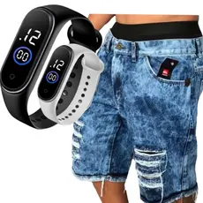 Bermuda Jeans Masculina Rasgada Desfiada Lycra + Relógio esportivo Prova dagua Envio hoje com lycra