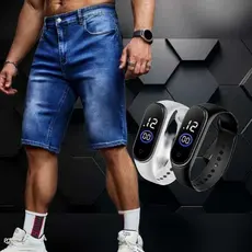 Bermuda Masculina Lisa Com Lycra Escura Premium + Relógio M4 prova dagua Promoção com lycra