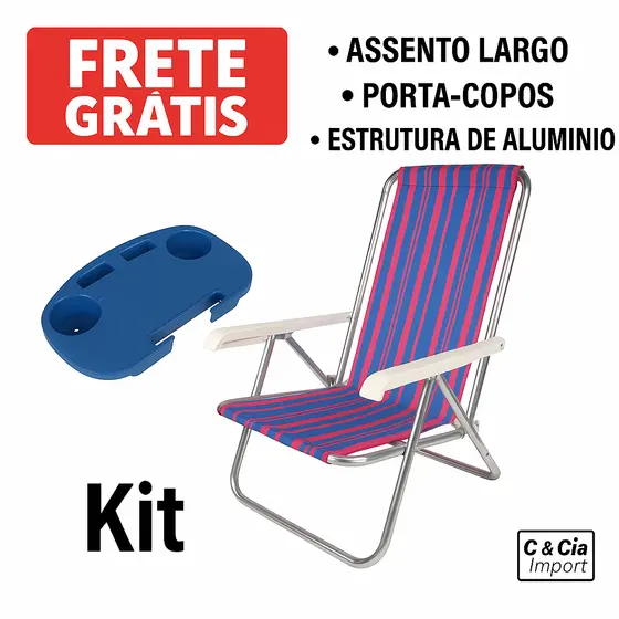 Kit Cadeira de Praia Reclinável 4 Posições Alumínio + Mesa Portátil Azul Para Cadeira