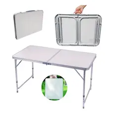 Mesa Prática Dupla Alumínio 120x60  e 80x60 Dobrável Vira Maleta Mor Camping e Evento