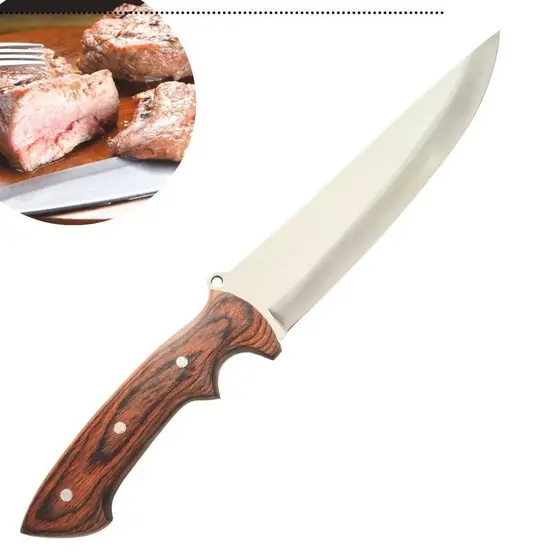 Faca Tatica Churrasco Full Tang Cabo Artesanal Madeira Empunhadura Dupla Com Bainha