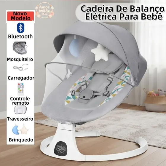 Cadeira Balanço Bebê Elétrica Musical Bluetooth Cinza Mosquiteiro Timer