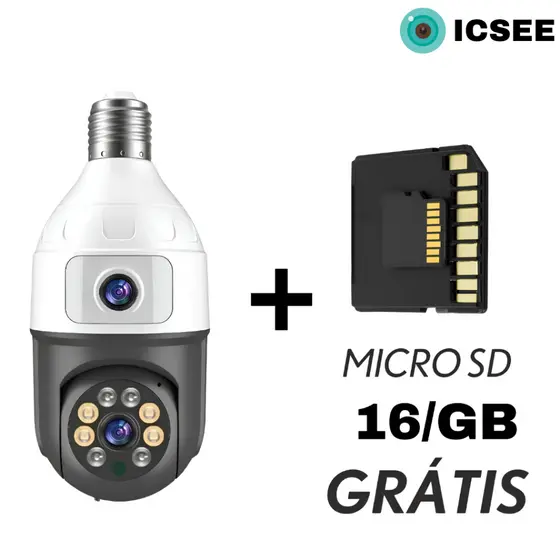 Kit Câmera De Segurança Wifi Dupla Lentes Lâmpada Noturna 360 Com Cartão 16GB Para Casa e Comércio
