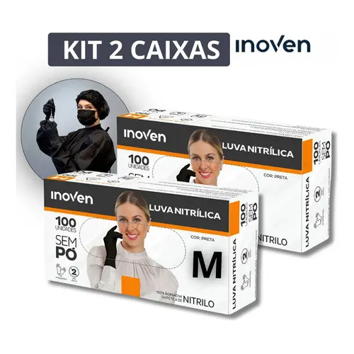 Kit 2 Caixas Luvas Nitrilica S/pó Preta Descartável Inoven Preto