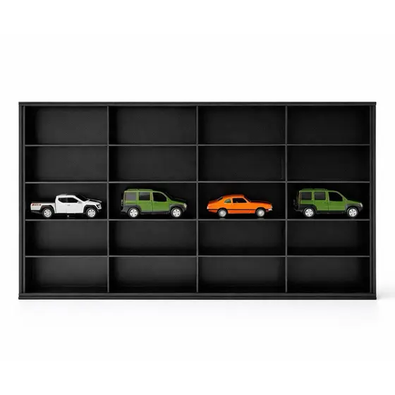 expositor para carrinhos escala1.43 em mdf pintado cor preta capacidade 20 carrinhos
