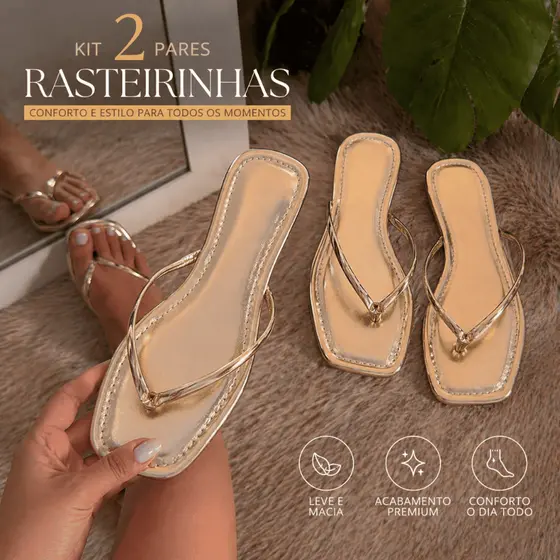 Kit 2 Pares Sandália Rasteirinha Tira Brilho Feminina Elegante Macia Festa Trabalho Dia Dia