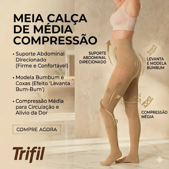 Meia Calça Média Compressão Fio 40 Trifil – Modela Abdômen e Bumbum, Alivia Dor Ativa a Circulação