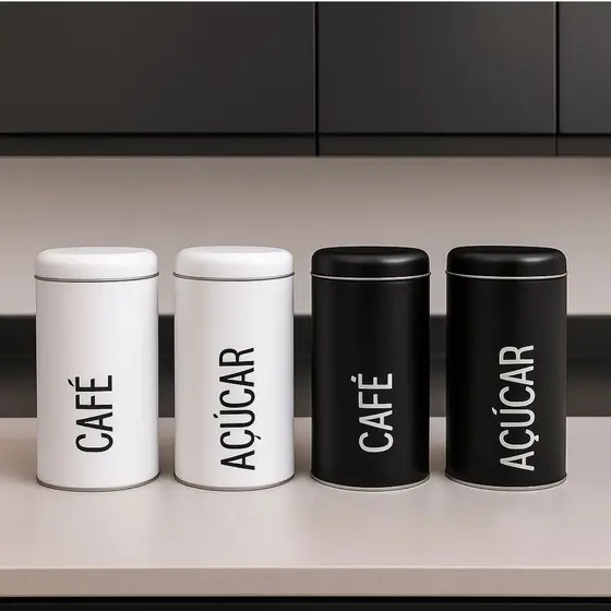Kit 2 Potes de Metal para Café e Açúcar com Tampa Encaixe, Cor Branca ou Preta – Organize Já