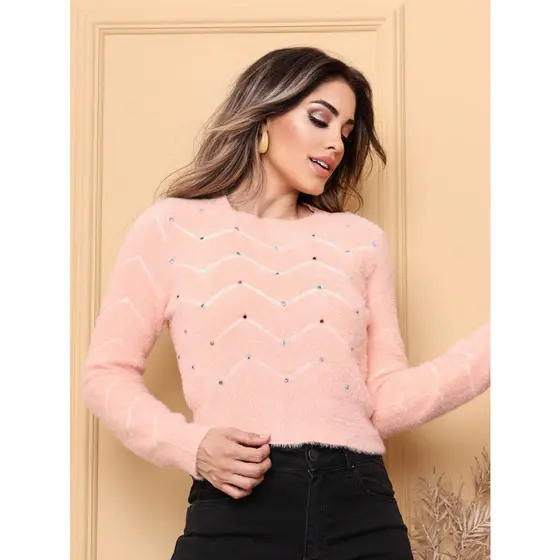 Blusa suéter feminino de pelinho cropped manga longa moletom grosso inverno blusa de frio gola redonda estampada perola