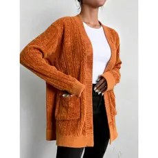 Cardigan de malha Grosso canelada com mangas longase bolsos, casual e folgado, paramulheres plus size, preto, versátipar