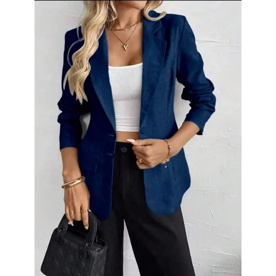 Blazer Feminino Alfaiataria Bolso Fake Com Botaos Forrado Botão Duplo Bolso Simples elegante