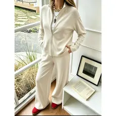 Conjunto Casual Feminino De 2 Peças com Casaco Tricot Com Zíper Manga Longa Calça Modal Outono Inverno Tendência