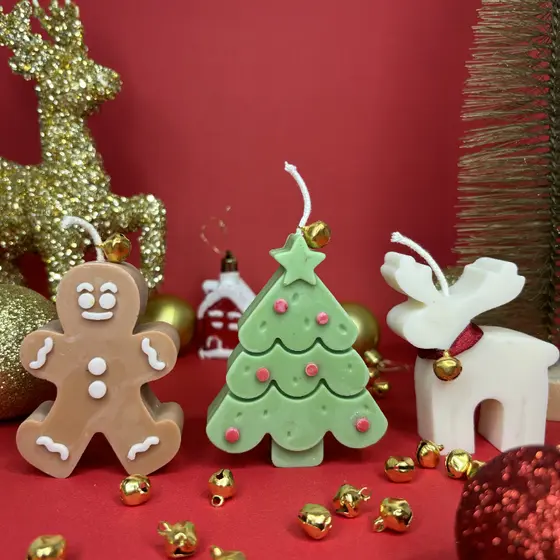 Kit Vela Decorativa Natalina 3 Unidades Aromática Enfeite Natal Desenho Biscoito Árvore e Rena