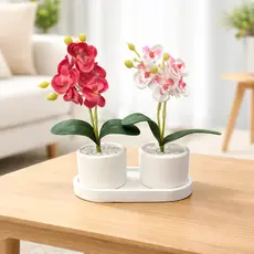 Kit 2 Vasos e Orquídeas Artificias com Bandeja Branco para Sala, Escritório, Casa, Apartamento Decoração