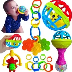 Kit 8 peças Mordedor para Bebe Sensorial Macio com Chocalho Bolinha Mordedor Silicone Baby Ball