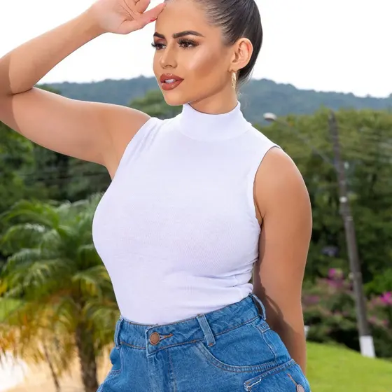 Blusa Regata Gola Alta Golinha Blusinha Ribana