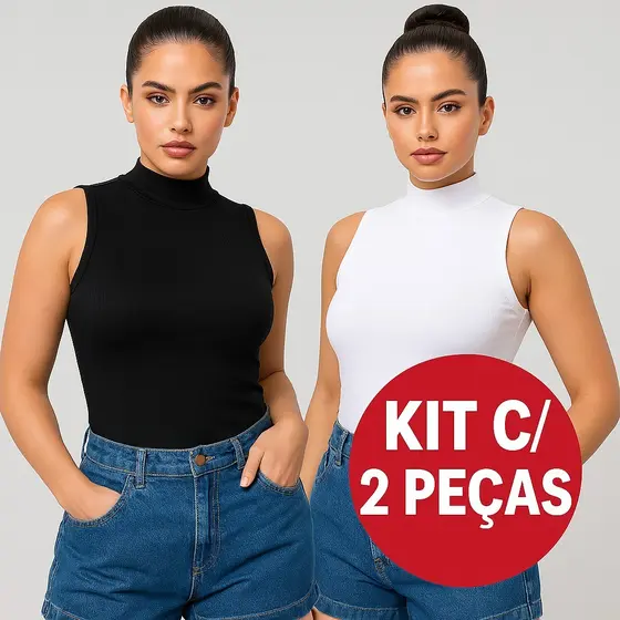 Kit com 2 Blusas Femininas Regata Gola Alta Sem Manga – Ribana Canelada