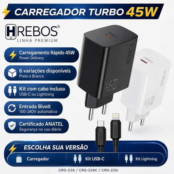 Carregador 45w PD Tipo C USB--C Hrebos H-Charge Turbo Power Delivery Bivolt Certificado ANATEL