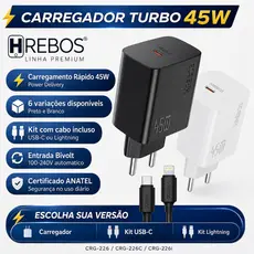 Carregador 45w PD Tipo C USB--C Hrebos H-Charge Turbo Power Delivery Bivolt Certificado ANATEL