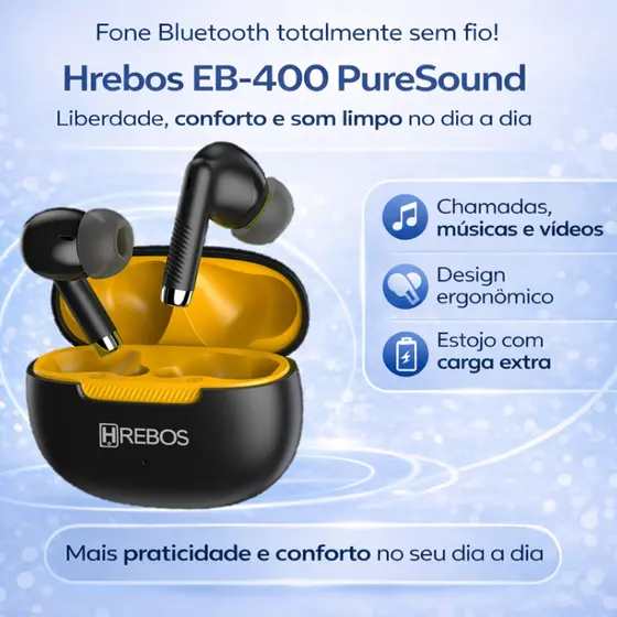 Fone de Ouvido Bluetooth Hrebos EB-400 PureSound – Liberdade Sem Fio com Estilo e Praticidade