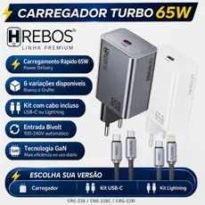 Carregador 65w GaN PD Tipo C USB-C Hrebos Max Charge Iphone Samsung Xiaomi Poco Certificado ANATEL
