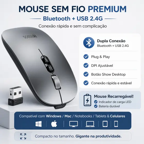 Mouse Sem Fio Recarregável Bluetooth ou Pino USB DPI Ajustável Note Tablet Android iOS Windows