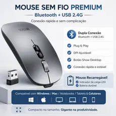 Mouse Sem Fio Recarregável Bluetooth ou Pino USB DPI Ajustável Note Tablet Android iOS Windows