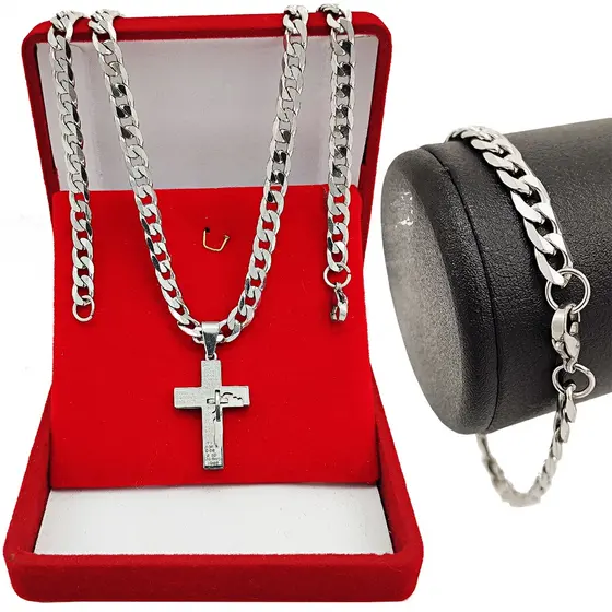 Corrente Masculina Cordão 60cm Com Pingente Cruz Pai Nosso e Pulseira Tipo Grumet Escama de Peixe Aço Inoxidável