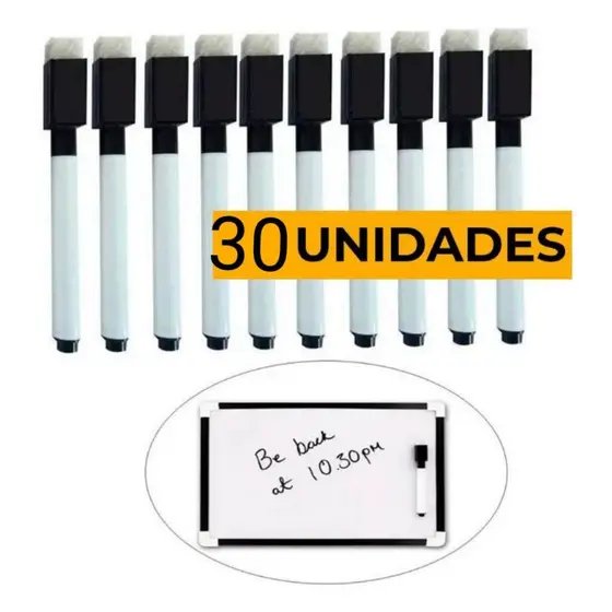30 Canetas Para Quadro Branco Com Apagador e Imã- Tinta Preta Ou Colorida