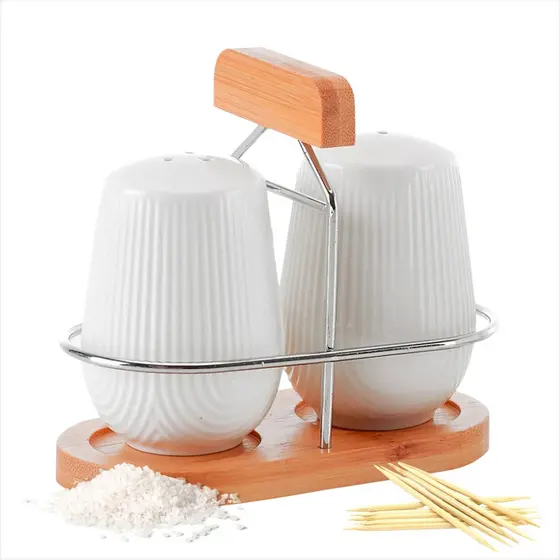 Saleiro e Paliteiro Oásis Branco 90ml Em Cerâmica Com Suporte Em Bambu - 3 Peças