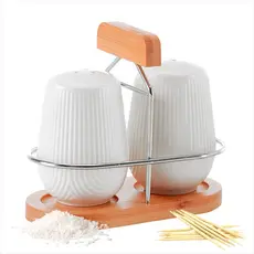 Saleiro e Paliteiro Oásis Branco 90ml Em Cerâmica Com Suporte Em Bambu - 3 Peças