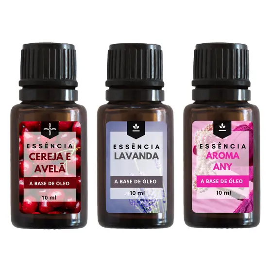 Essência Cereja e Avelã, Lavanda e Any Para Aromatizador de Ambiente e Difusor Elétrico 10 ml - Kit 03 Unidades