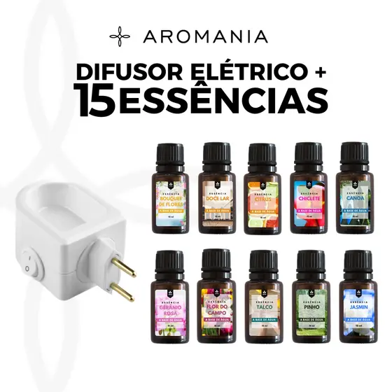 Kit Difusor Elétrico de Tomada Aromatizador de Ambiente Bivolt + 15 Essências 15ml - Escolha o Seu
