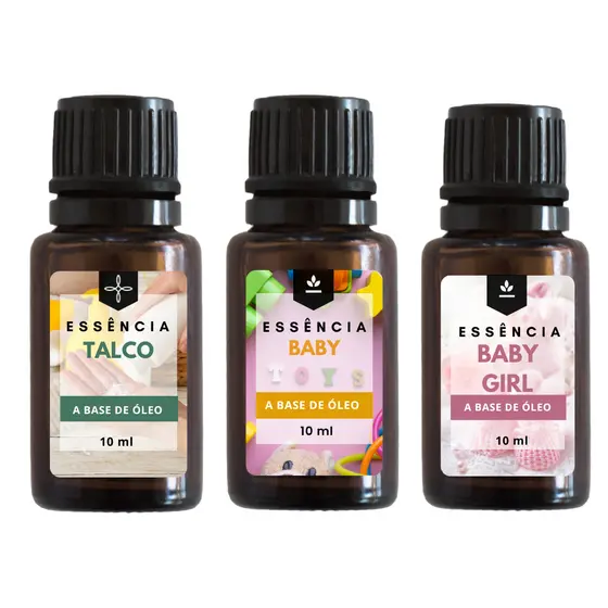 Kit Essências 03 Unidades Baby Boy, Talco e Baby Girl 10 ml - Para Aromatizador de Ambiente
