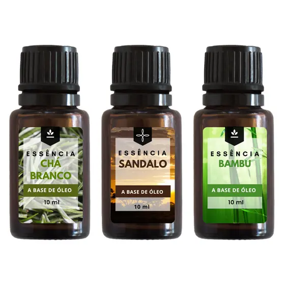Kit Essências 03 Unidades Chá Branco, Sândalo e Bamboo 10 ml Para Aromatizador de Ambiente e Difusor Elétrico