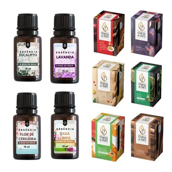 Kit 2 Essências Para Umidificador 15ml + Vela Perfumada Chama de Ouro