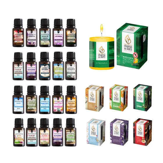 Kit 5 Essências para Difusor Elétrico e Umidificador 15ml + Vela Aromática Longa Duração Chama de Ouro