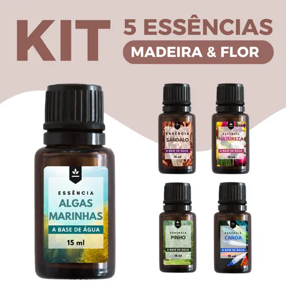 Kit 5 Essências Aromas de Madeira, Flor e Mar para Difusor Elétrico e Aromatizador 15ml Base de Água