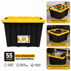 Caixa Organizadora 55 Litros Com Tampa Travas Laterais Empilhável Plástica Resistente Preta Dello