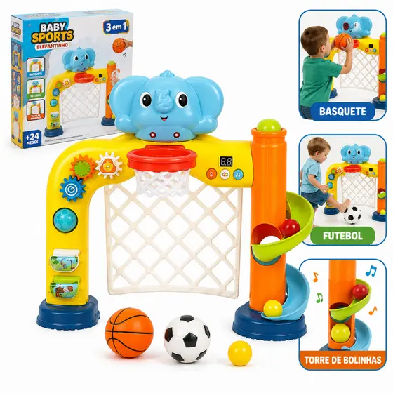 Brinquedo Baby Sports Elefantinho 3 Em 1 Basquete Futebol Torre De Bolinhas Luz E Som Infantil