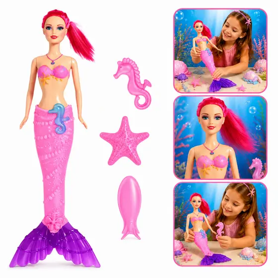 Boneca Princesa Sereia Infantil Com Luz Som E Acessórios Brinquedo Menina Rosa