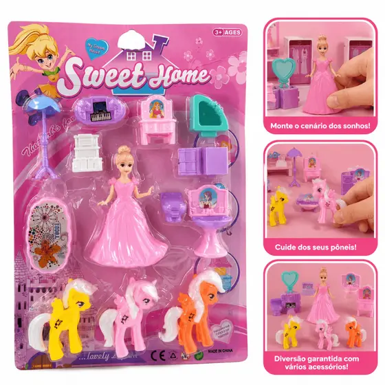 Kit Boneca Com Lindos Pôneis E Acessórios Rosa Brinquedo Infantil Menina Presente Perfeito