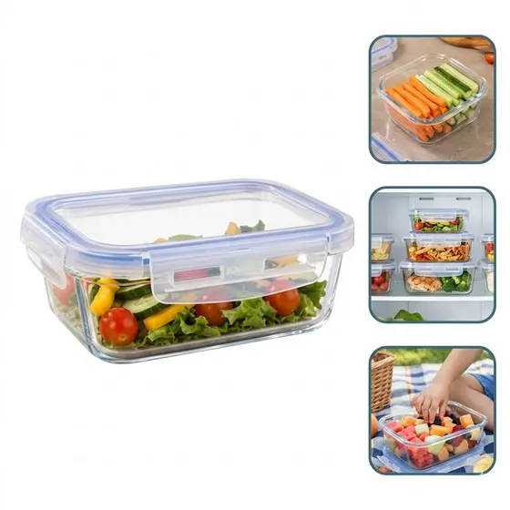 Pote Hermético Retangular Tampa De Vidro 640ml Armazenamento