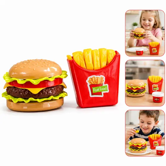 Kit Comidinha Infantil Hambúrguer Batata Brinquedo Cozinha Lanche Faz de Conta Educativo +3 Anos